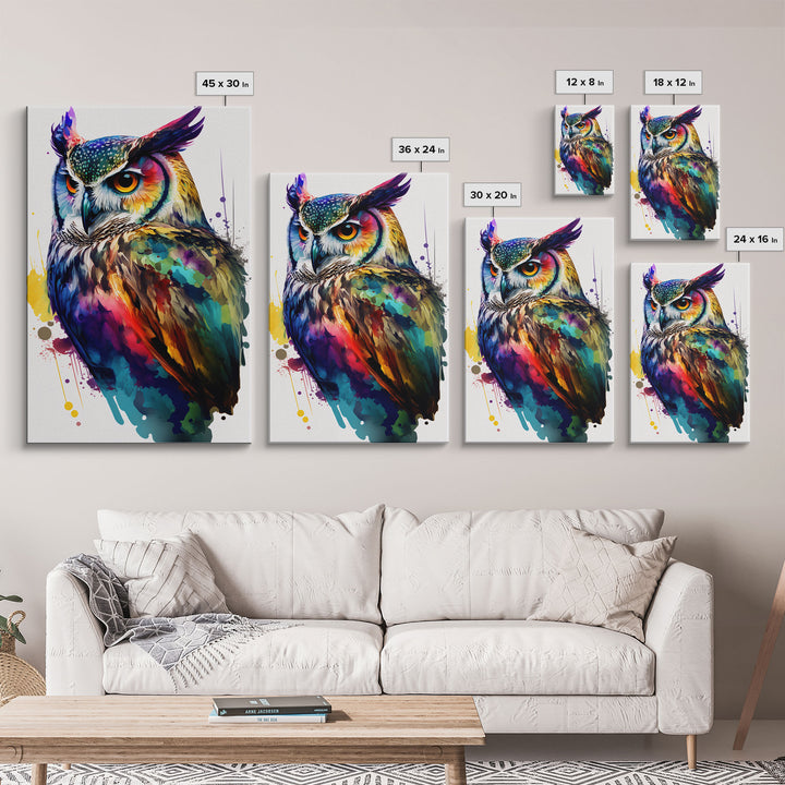 Watercolor Owl Painting Canvas Print, Framed Canvas Art, Pop Art Style, Owl Decor, Owl Print, Owl Art