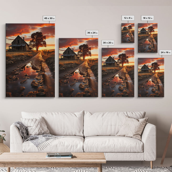 Country Lane Sunset Canvas Print, Country Roads, Dirt Road Art, Primitive Decor