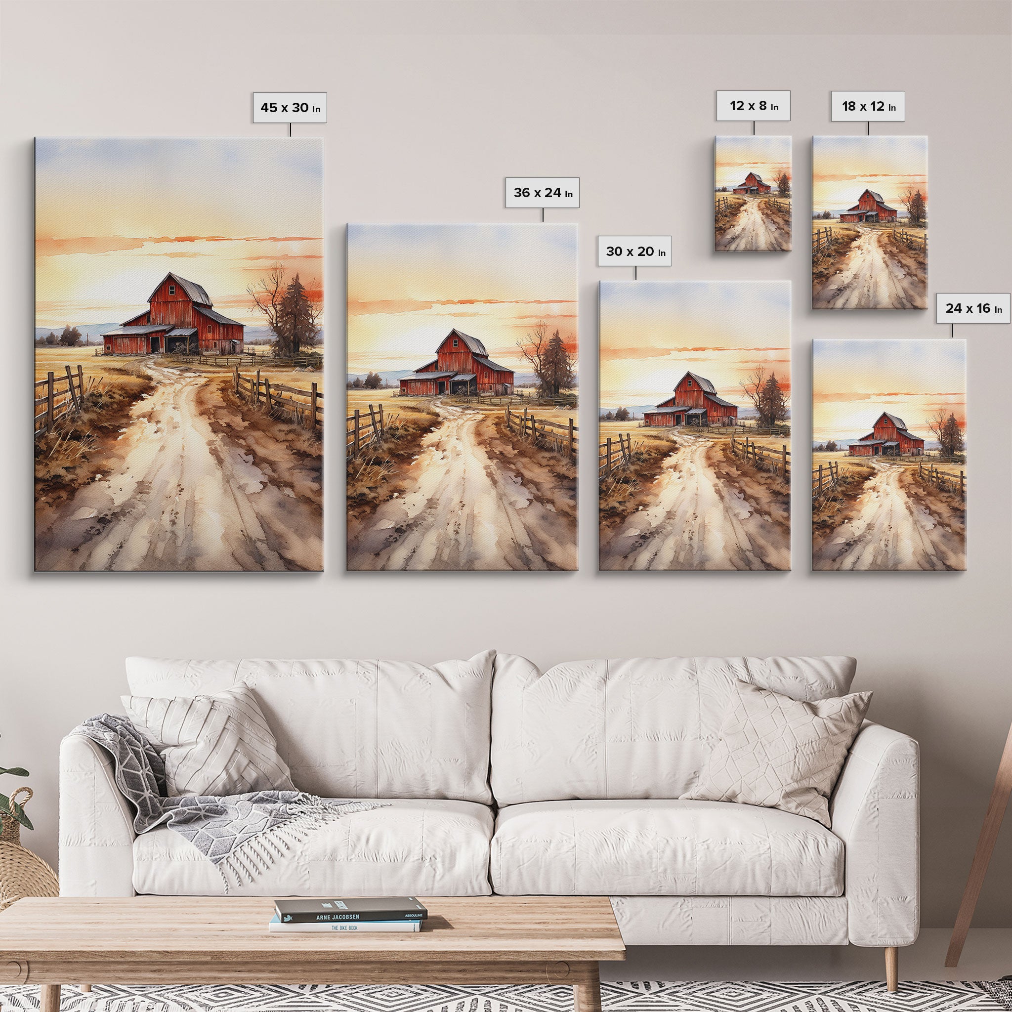 Sunset Over A Red Barn, Watercolor Painting Canvas Print, Country Poster Art,  Framed Canvas, Country Roads, Rustic Farmhouse Decor
