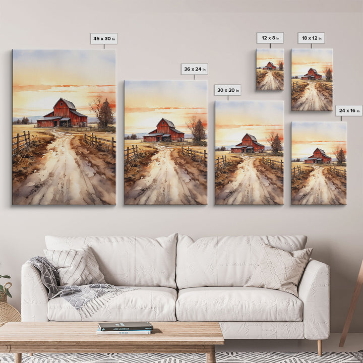 Sunset Over A Red Barn, Watercolor Painting Canvas Print, Country Poster Art,  Framed Canvas, Country Roads, Rustic Farmhouse Decor