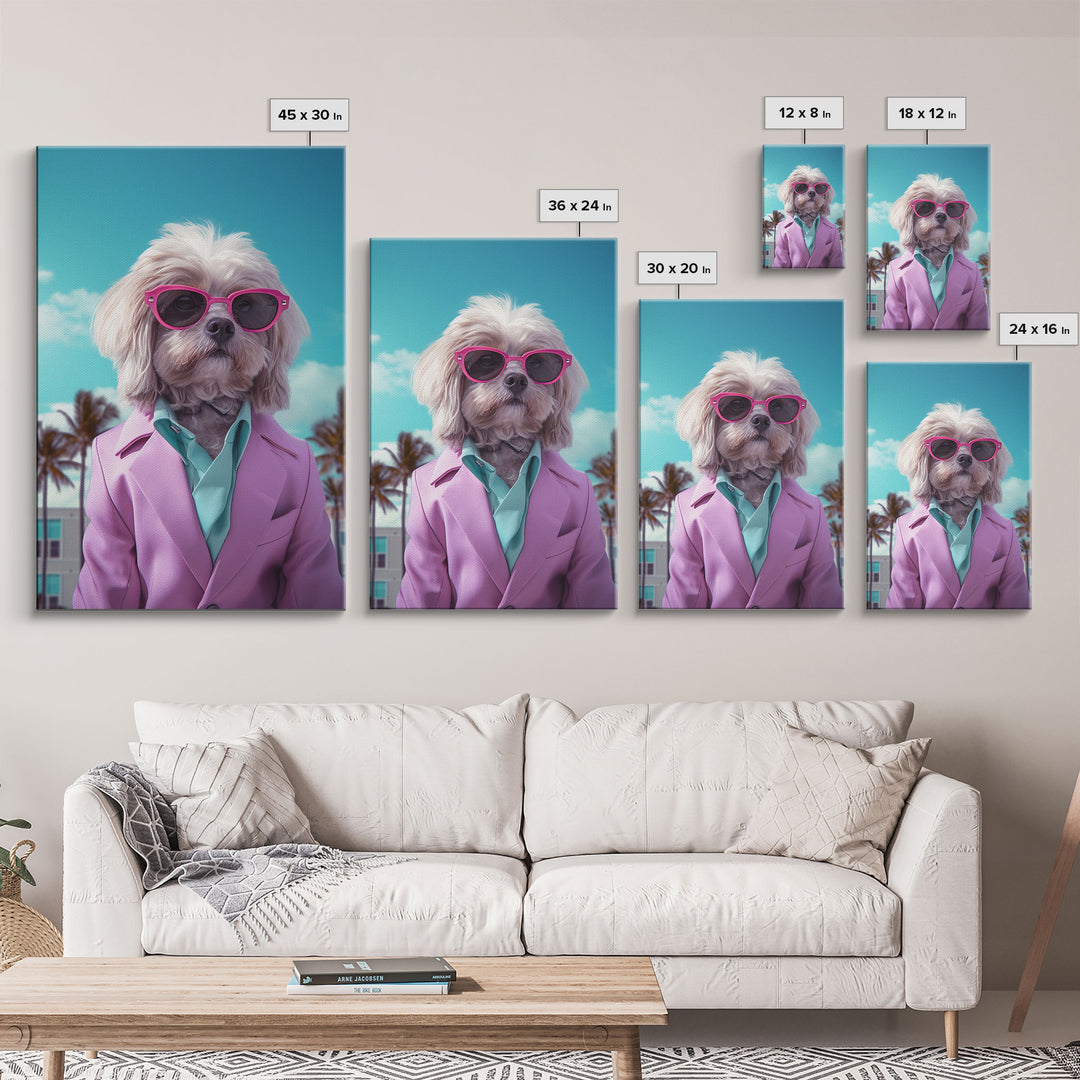 Shih Tzu Wall Print, Dog Wall Art, Dog Sunglasses, Pink Teal Suit, Funny Wall Art, Framed Wall Art, Framed Canvas, Wall Print, Wall Canvas
