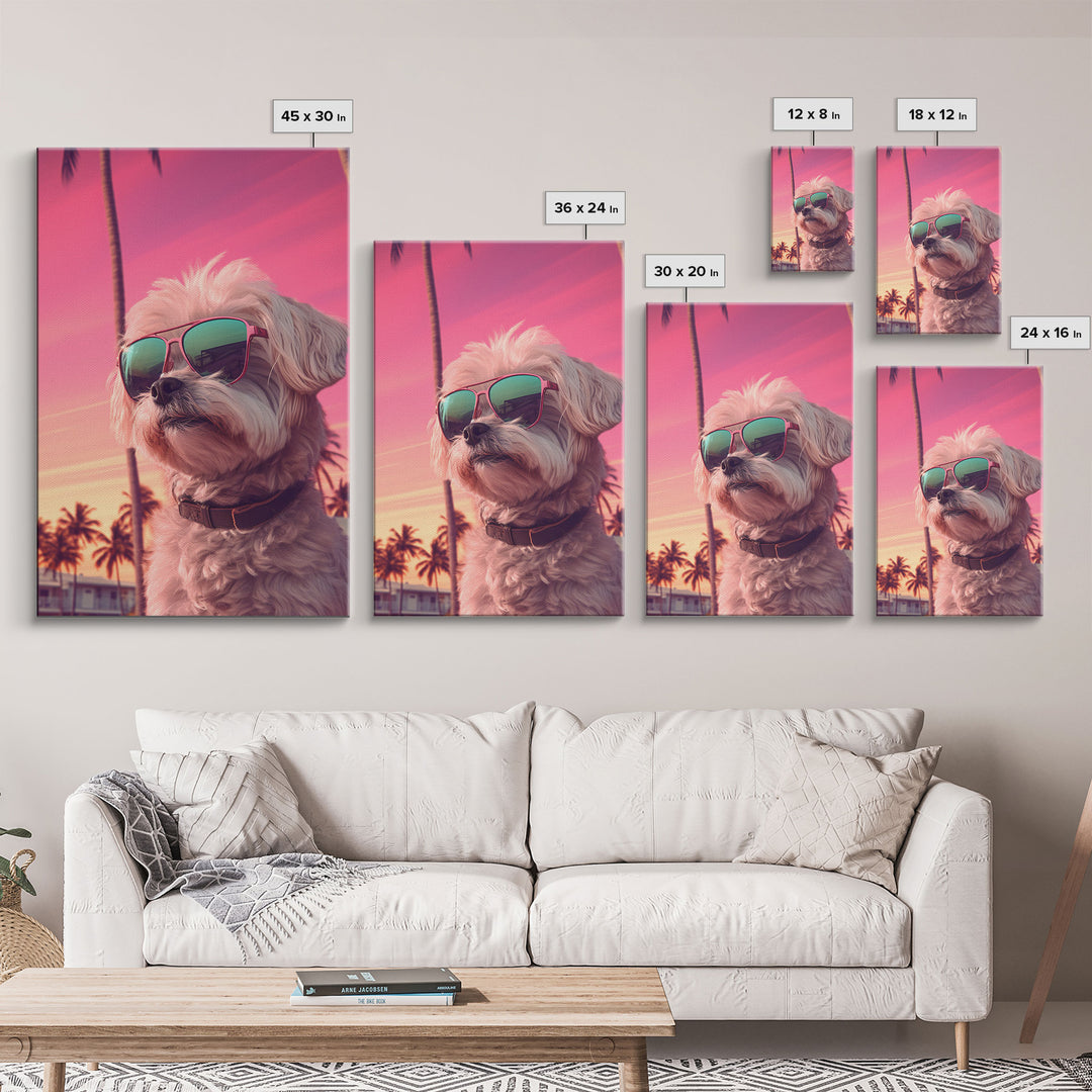 Shih Tzu Wall Print, Dog Wall Art, Dog Sunglasses, Palm Trees, Sunset, Funny Art, Framed Wall Art, Framed Canvas, Wall Print, Wall Canvas
