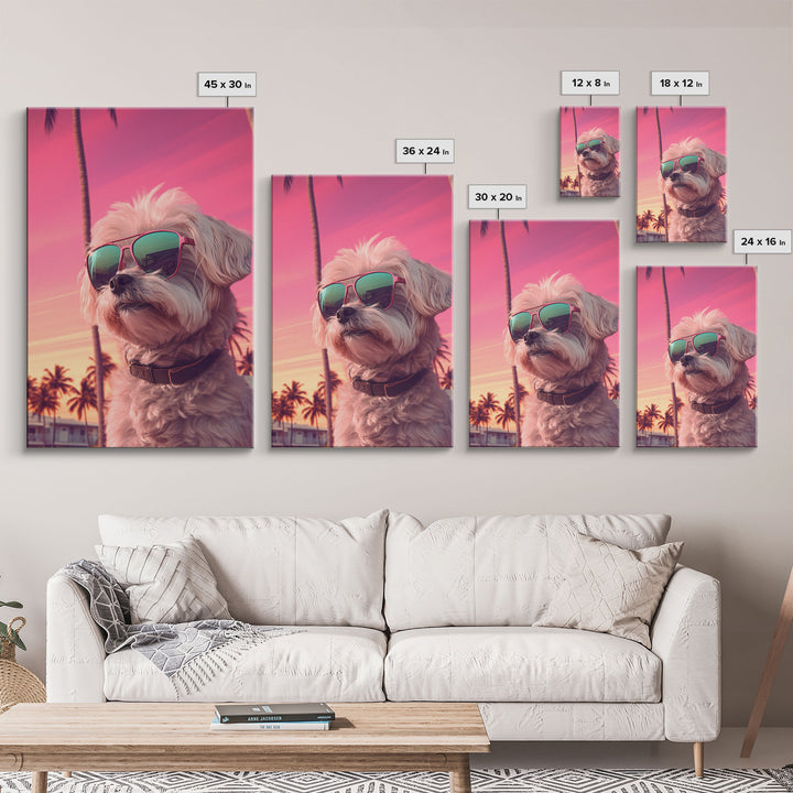 Shih Tzu Wall Print, Dog Wall Art, Dog Sunglasses, Palm Trees, Sunset, Funny Art, Framed Wall Art, Framed Canvas, Wall Print, Wall Canvas
