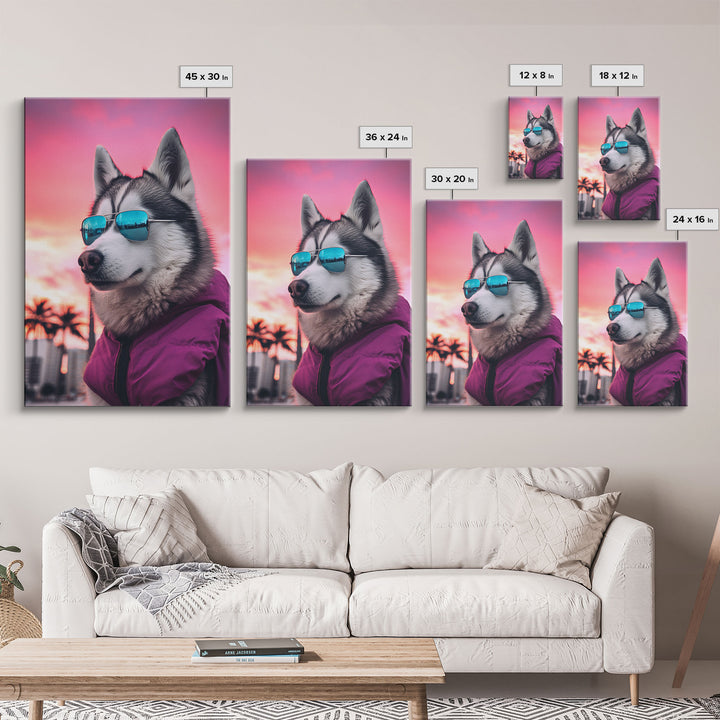 Siberian Husky In Pink Jacket Sunglasses Wall Print, Dog Art Print, Dog Portrait, Framed Wall Art, Framed Canvas, Wall Print, Wall Canvas