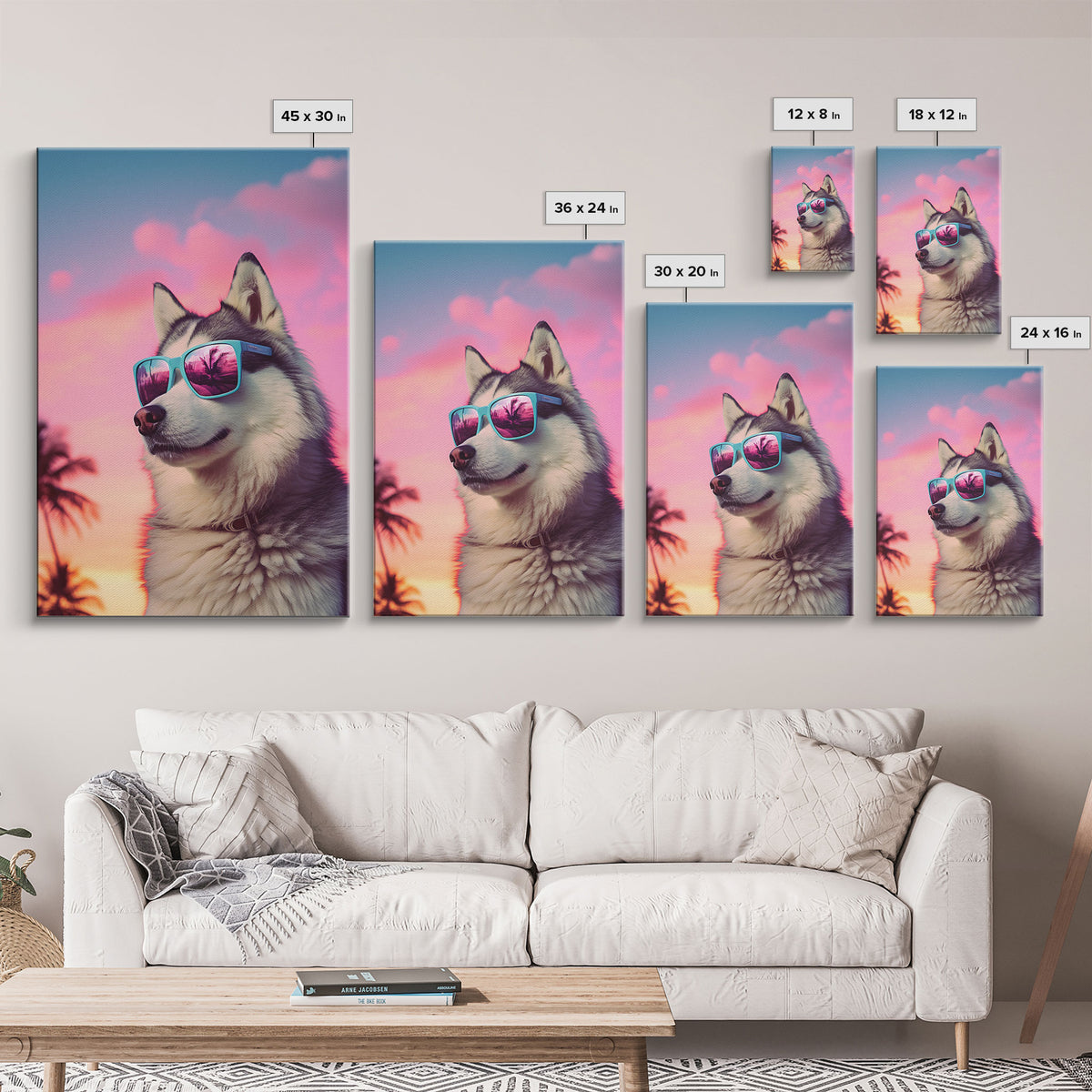 Siberian Husky In Pink Sunglasses Wall Print, Dog Art Print, Dog Portrait, Framed Wall Art, Framed Canvas, Wall Print, Wall Canvas