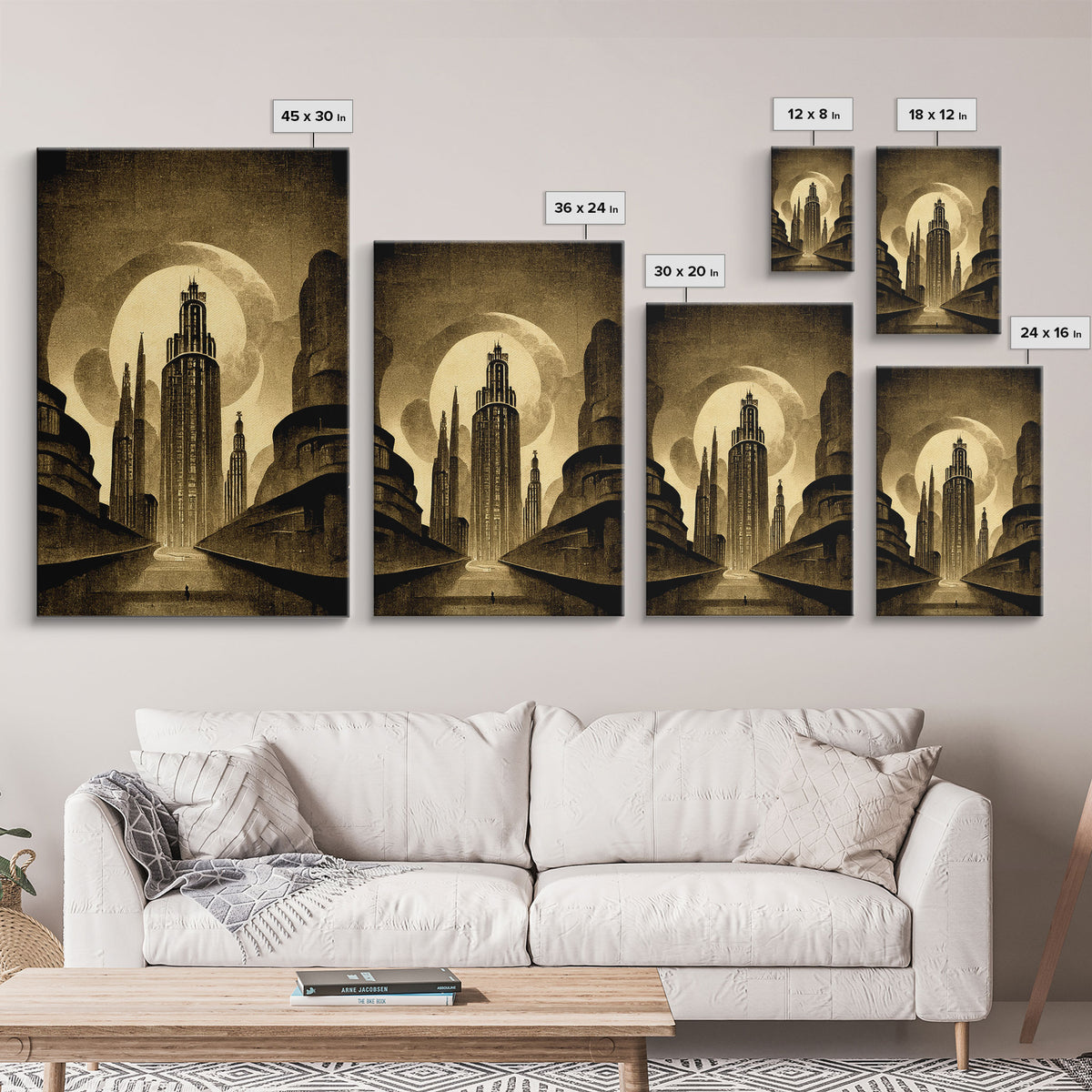 Dystopian Metropolis Art Deco Canvas Print, City Skyline, Fantasy Art, Art Deco Living Room Art, ready to hang wall art