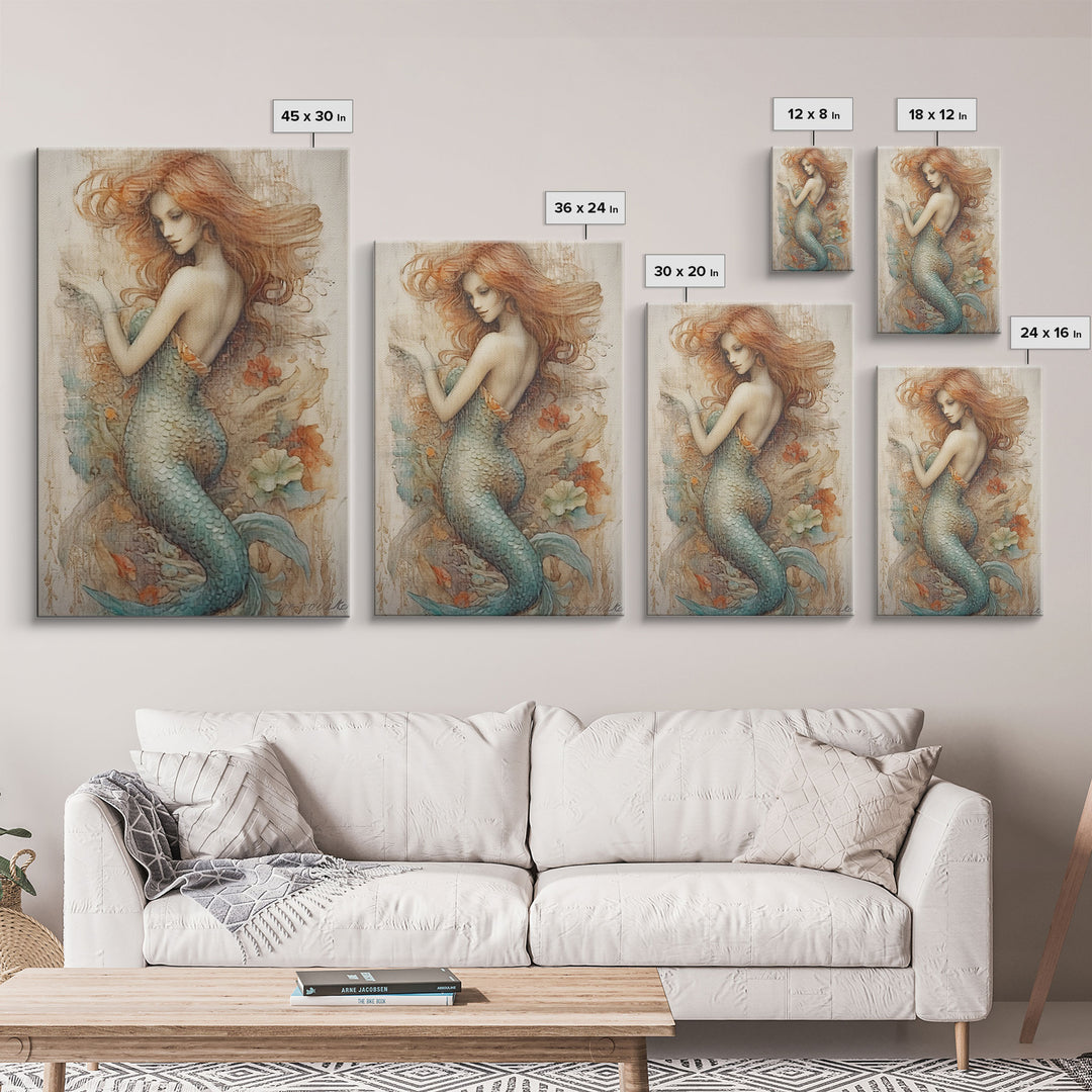 Fancy Mermaid Wall Art, 24" x 36" Canvas Print, French Style Poster Wall Art, Vintage Wall Hanging, Coastal Bathroom Decor