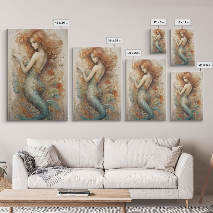 Fancy Mermaid Wall Art, 24" x 36" Canvas Print, French Style Poster Wall Art, Vintage Wall Hanging, Coastal Bathroom Decor