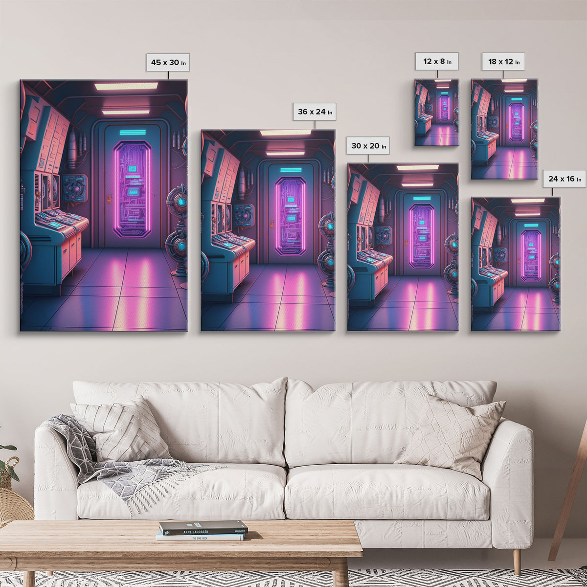 Vaporwave Futuristic Cyberpunk Space Ship Control Room, Framed Canvas Print, Scifi Art