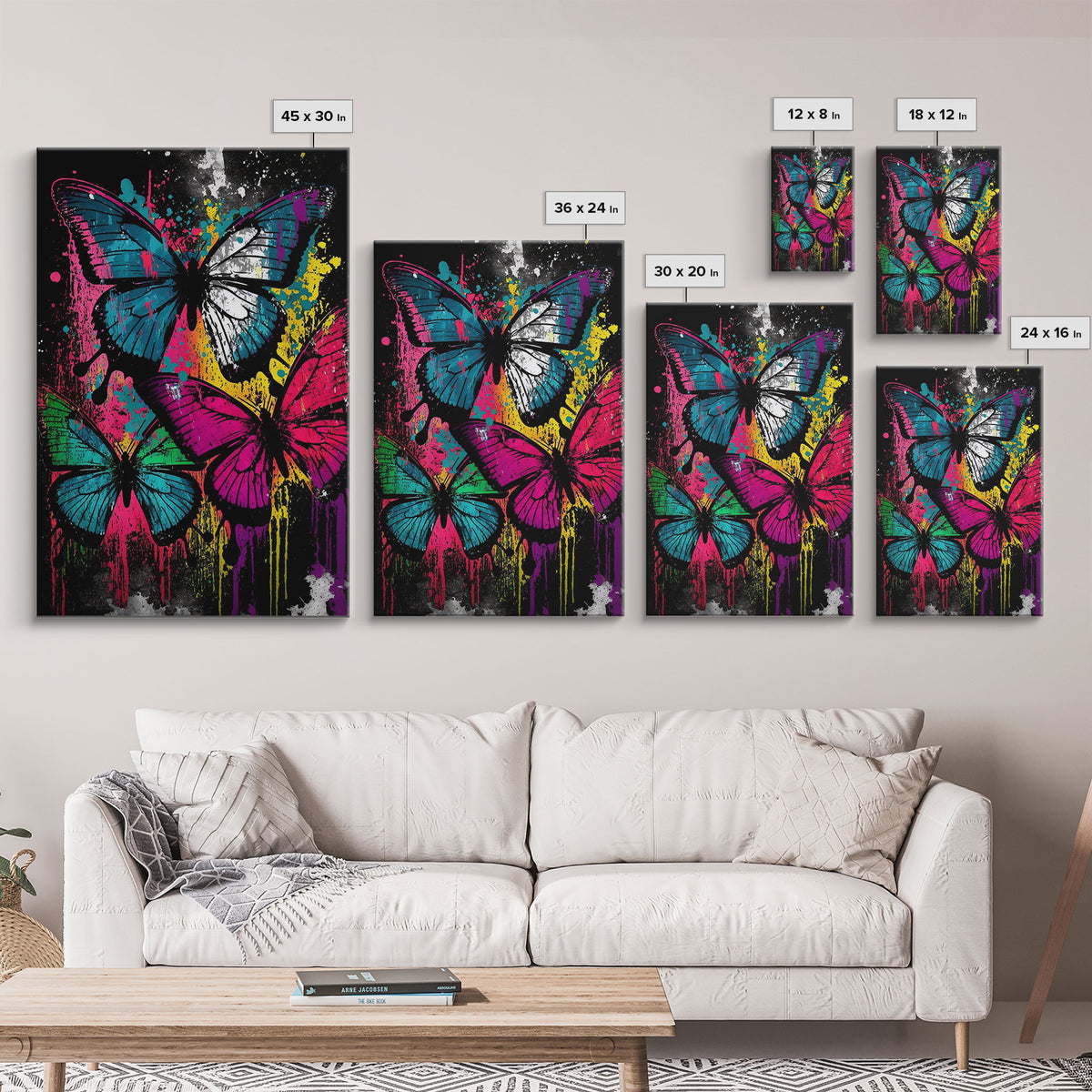 Graffiti Butterfly Art, Framed Canvas Print, Large Wall Art, Contemporary Punk Art, Butterflies, Pop Art, Paint Splatter Art
