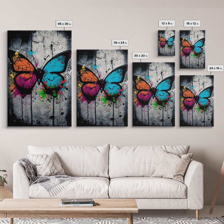 Graffiti Butterfly Art, Framed Canvas Print, Large Wall Art, Contemporary Punk Art, Butterflies, Pop Art, Paint Splatter Art