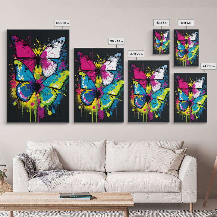 Graffiti Butterfly Art, Framed Canvas Print, Large Wall Art, Contemporary Punk Art, Butterflies, Pop Art, Paint Splatter Art