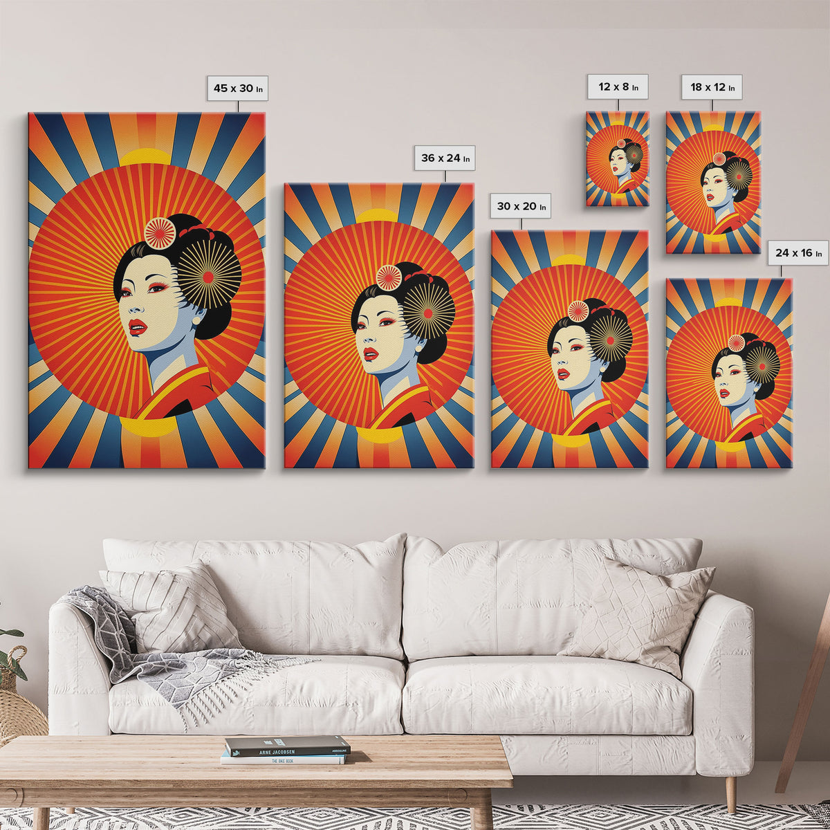 Portrait of a Geisha, Pop Art Style, Art Deco Sunburst, Framed Canvas Print