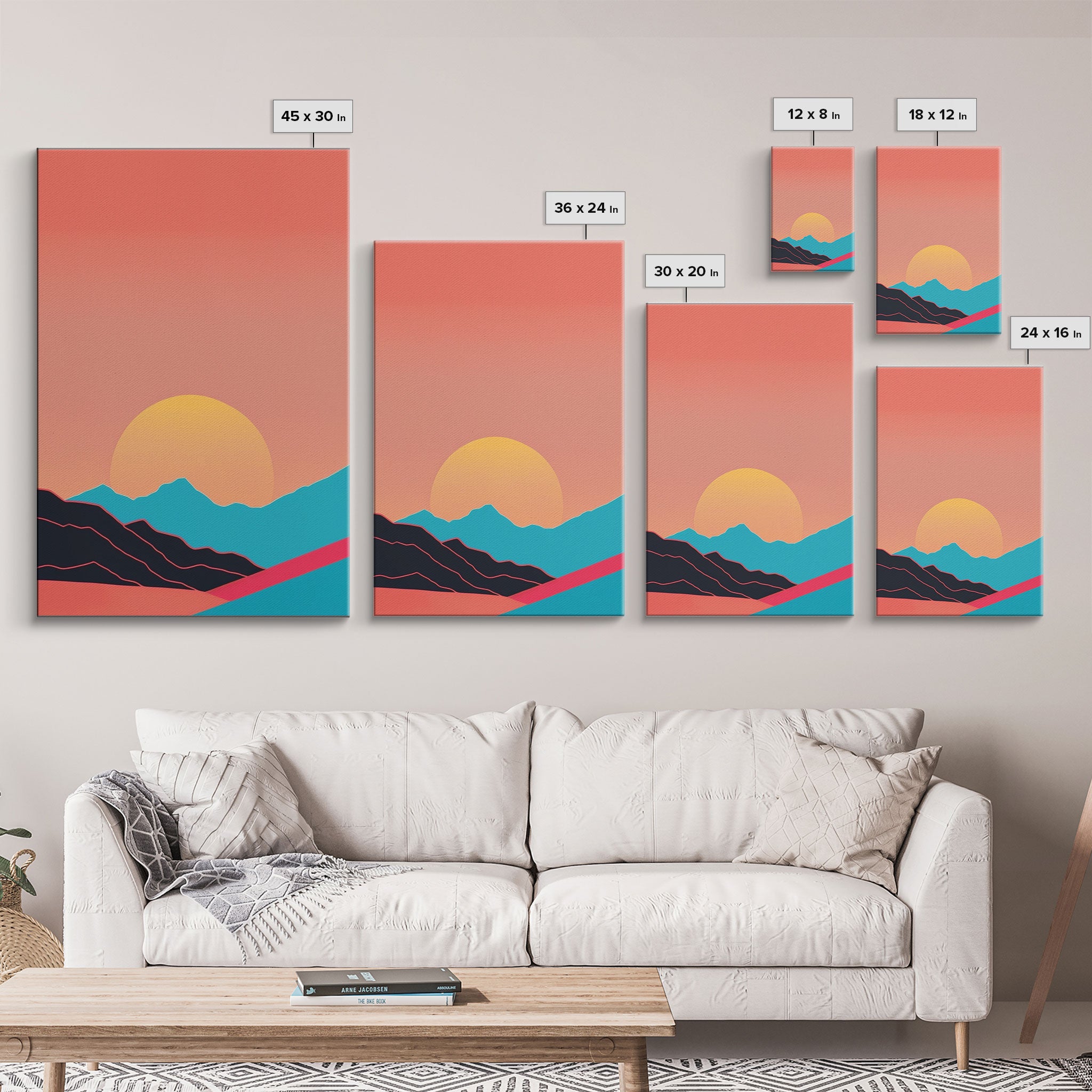 Peach Sunset, Framed Canvas Print, Minimalist Art Deco Inspired Wall Art