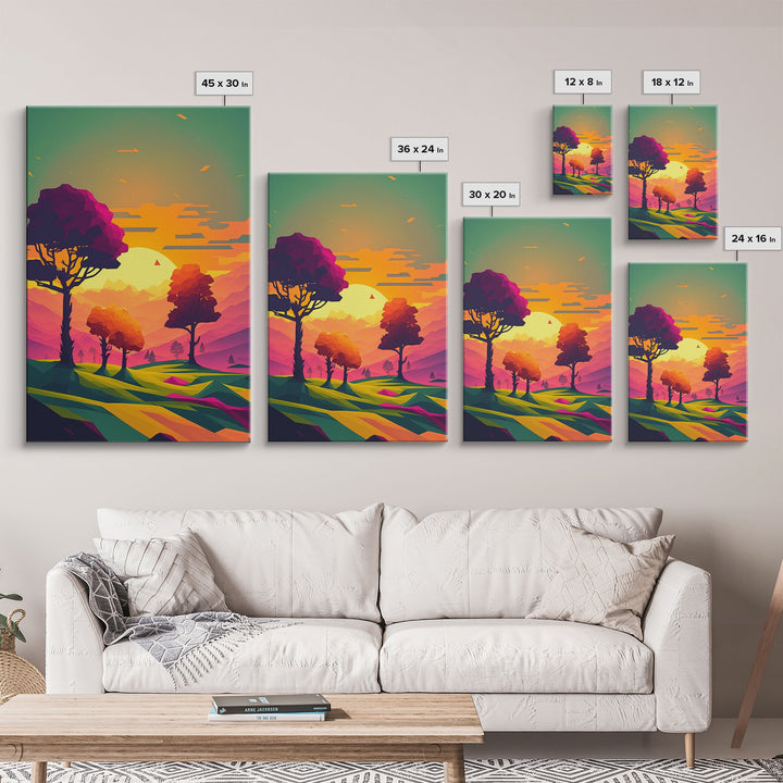 Retro Pop Art Landscape Art At Sunset, Framed Canvas Print, Outrun Style Trees and Sunset, Living Room Art