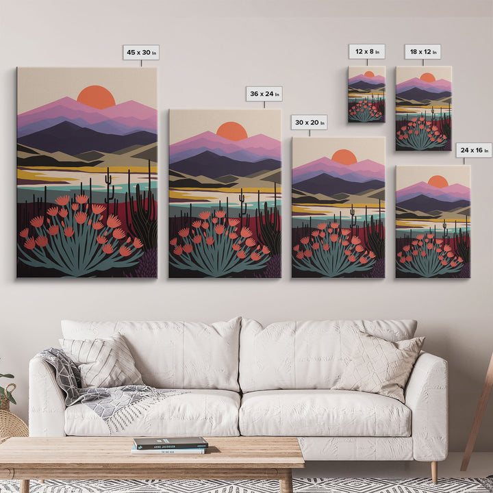 Boho Style Mountain Landscape, Minimalist Art, Sunset Over The Mountains