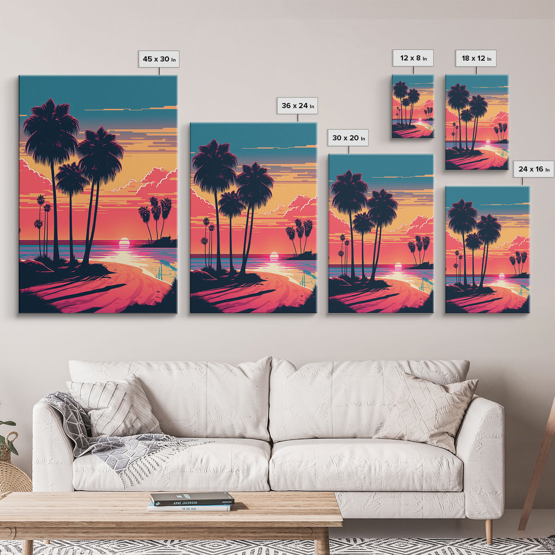 Framed Canvas Print - Art Deco Sunset, Beaches, Minimalist Palm Trees, Retro Synthwave, Vaporwave, 80s Vibes, Gamer Art, Bar Decor