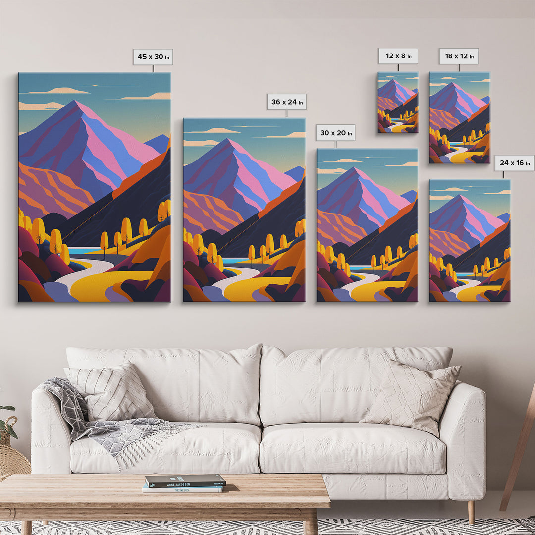 Retro Style Purple Mountain Landscape, Framed Canvas Print, MCM Style Art, Framed Wall Art, Wall Decor, Living Room / Guest Room Art
