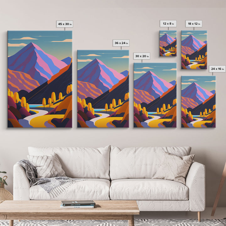 Retro Style Purple Mountain Landscape, Framed Canvas Print, MCM Style Art, Framed Wall Art, Wall Decor, Living Room / Guest Room Art