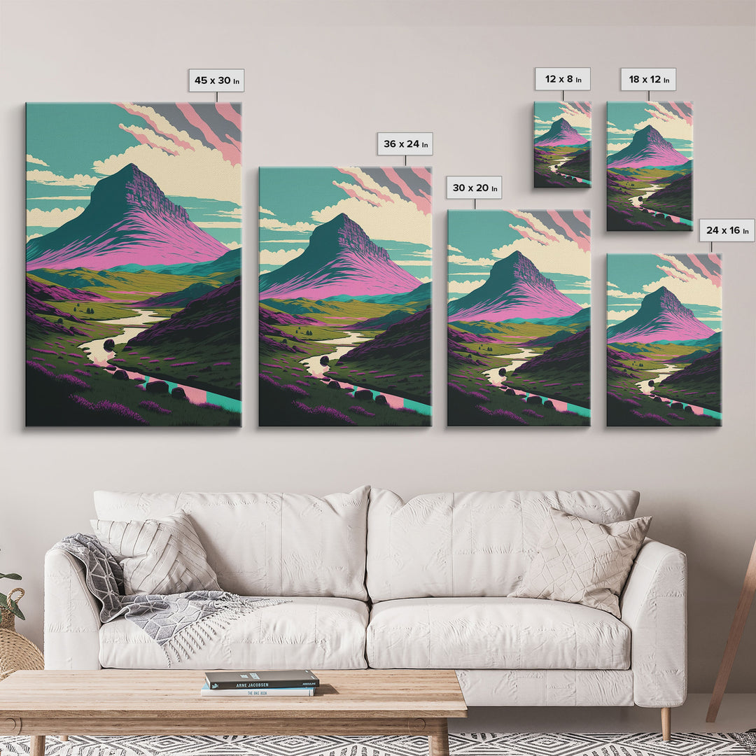 Retro Style Purple Mountain Landscape, Framed Canvas Print, MCM Style Art, Framed Wall Art, Wall Decor, Living Room / Guest Room Art