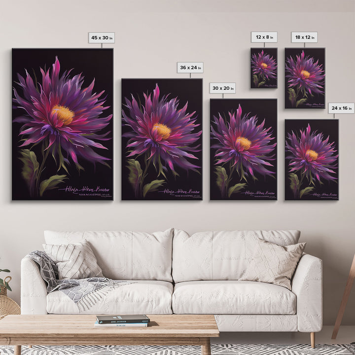 Vintage Style Flower / Botanical Painting Print / Framed Canvas Print / Beautiful Floral Decor / Boho Style Flower Art / Purple Flowers