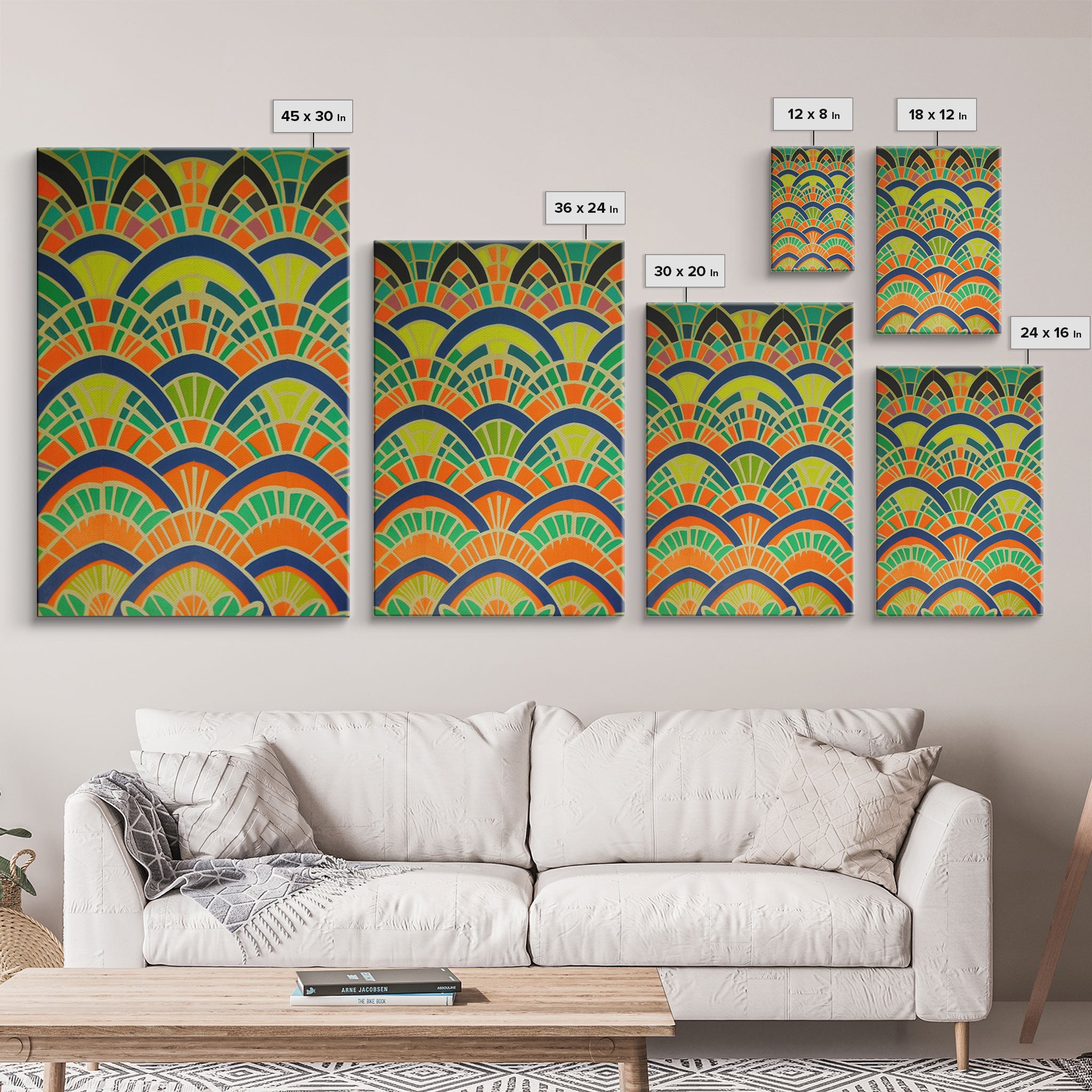 Art Deco Pattern Wall art, Framed Canvas Print, Art Deco, Wall art, Patterns art, Green colors art, Living room art, Colorful painting