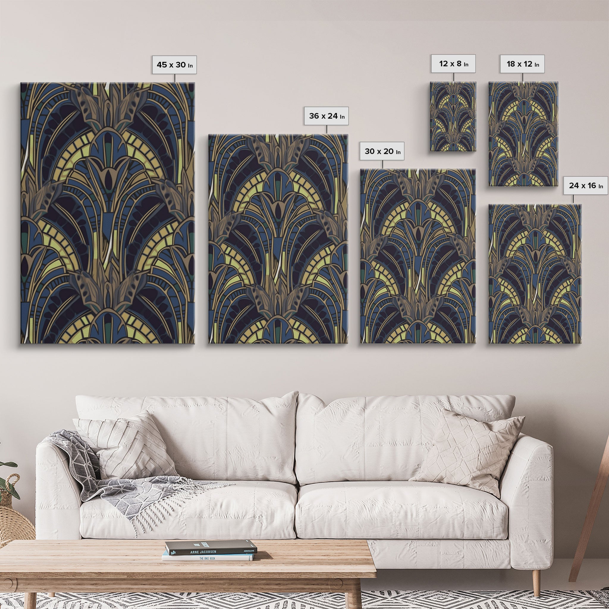 Midcentury Modern Wall art - Framed Canvas Print - Art Deco - Blue colors - Stained glass art - Patterns art - Mosaic art - Living room art