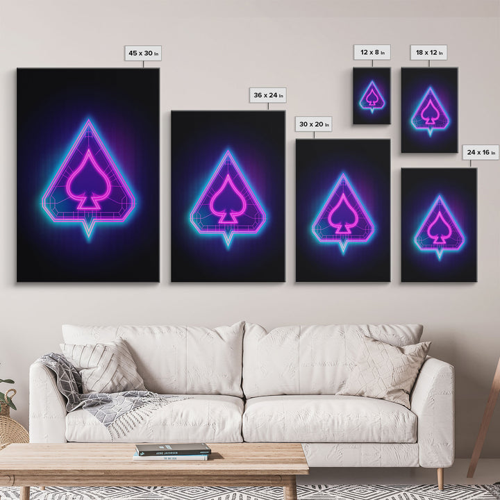 Glowing Neon Lights Pink Spades Wall Decor, Poker Wall Art, Cards, Minimalist Print, Wall Decor, Canvas Print, Wall Art, Framed Canvas