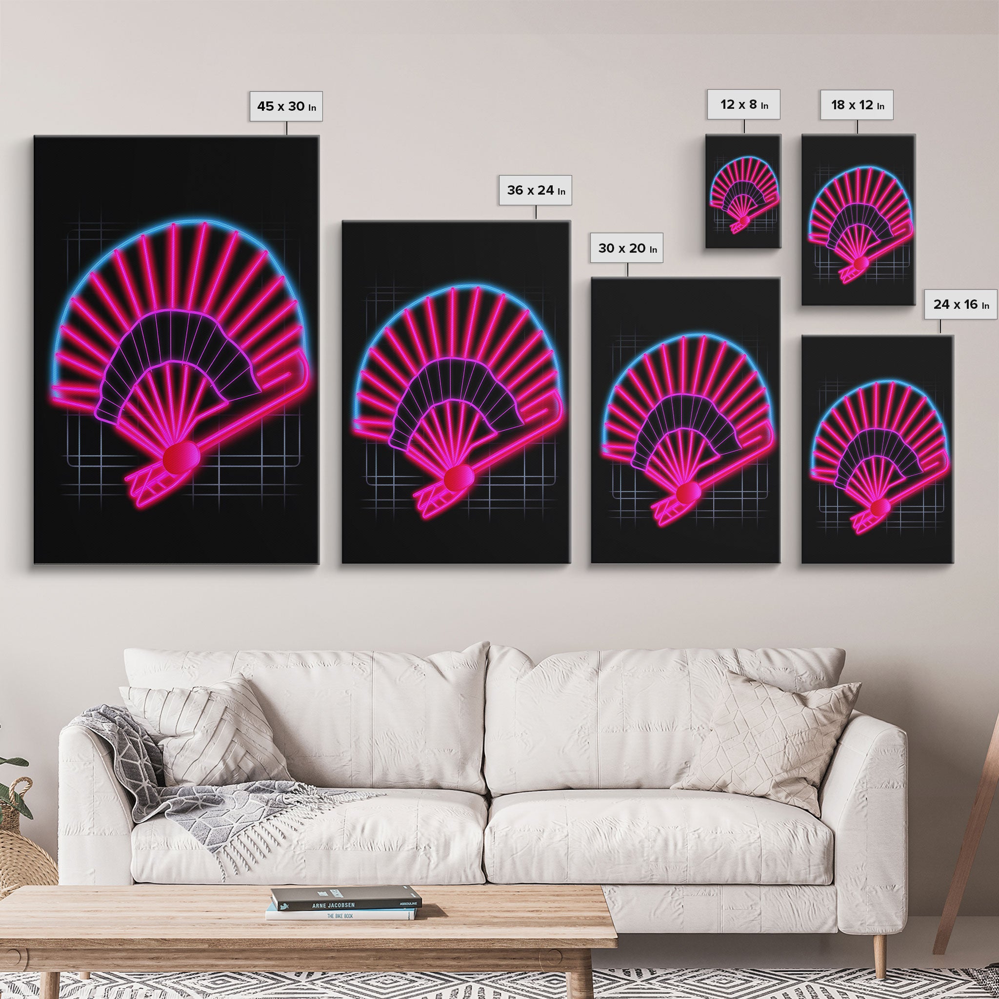 Neon Lights Folding Fan Wall Art, Line Art Print, Pink, Glowing Art, Minimalist Print, Wall Decor, Canvas Print, Wall Art, Framed Canvas