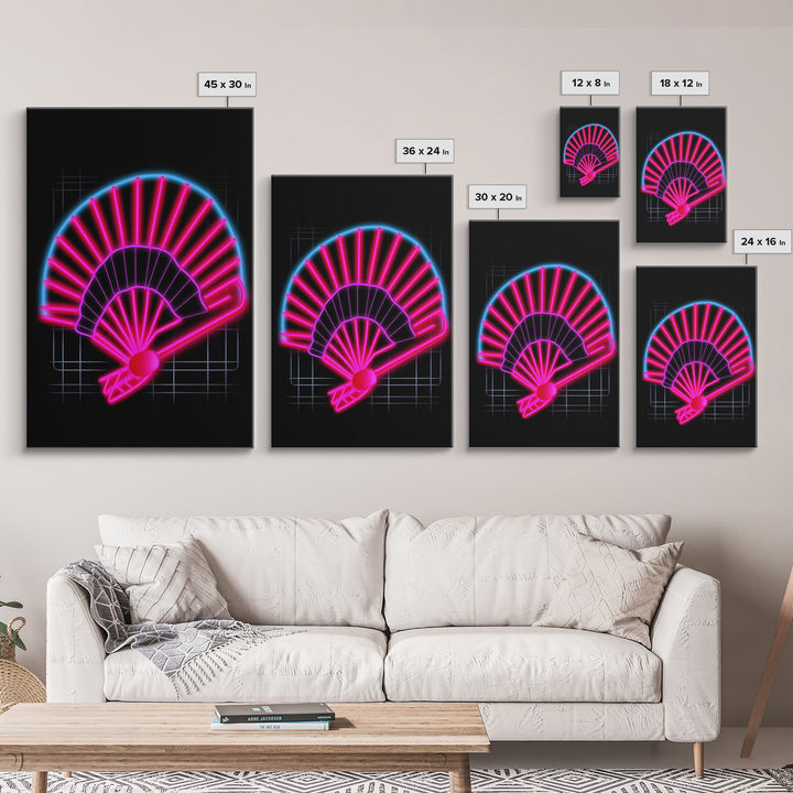 Neon Lights Folding Fan Wall Art, Line Art Print, Pink, Glowing Art, Minimalist Print, Wall Decor, Canvas Print, Wall Art, Framed Canvas