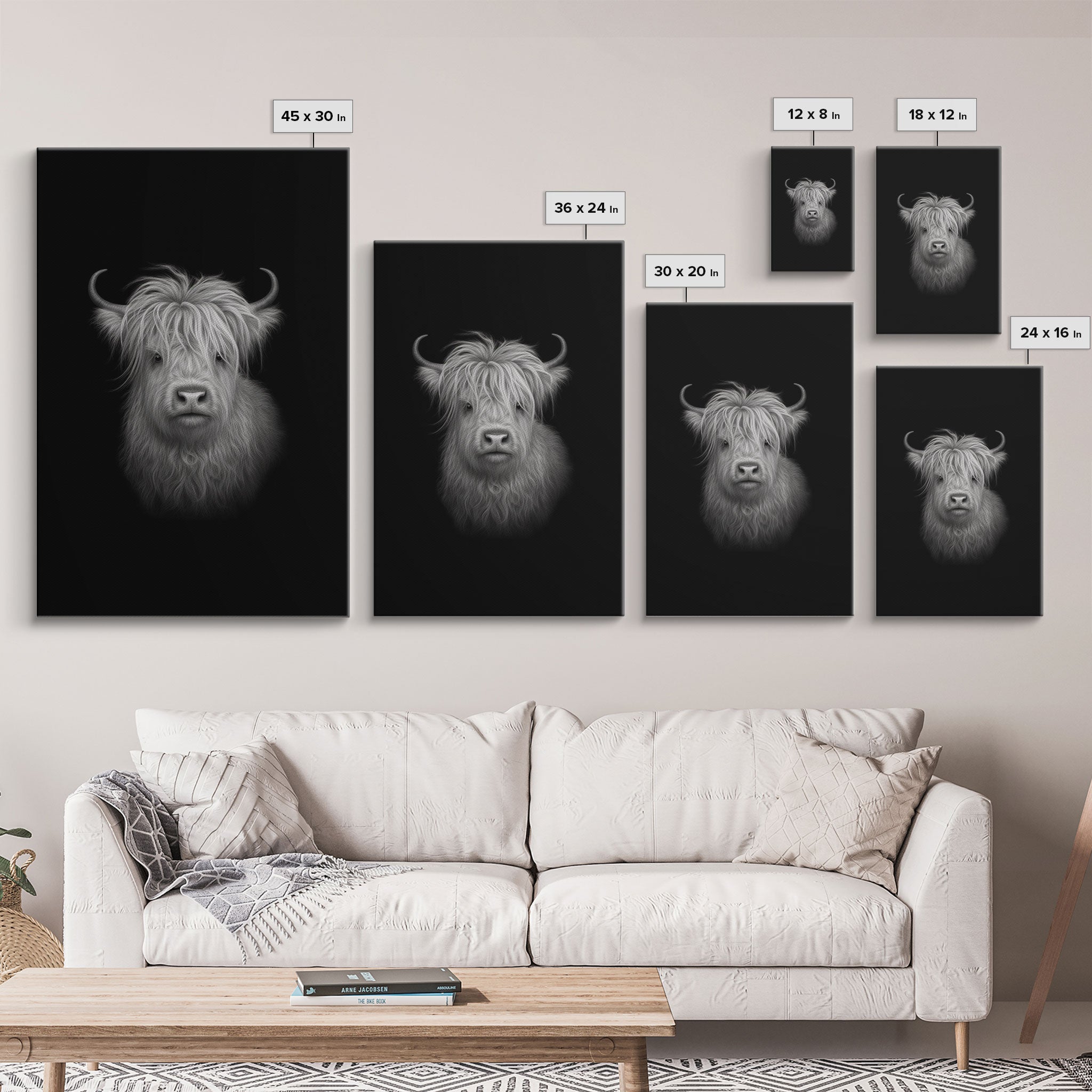 Highland Cow Art Print, Black And White, Animal Wall Decor, Minimalist Art, Wall Decor, Canvas Art, Wall Art, Framed Canvas Wall Decor