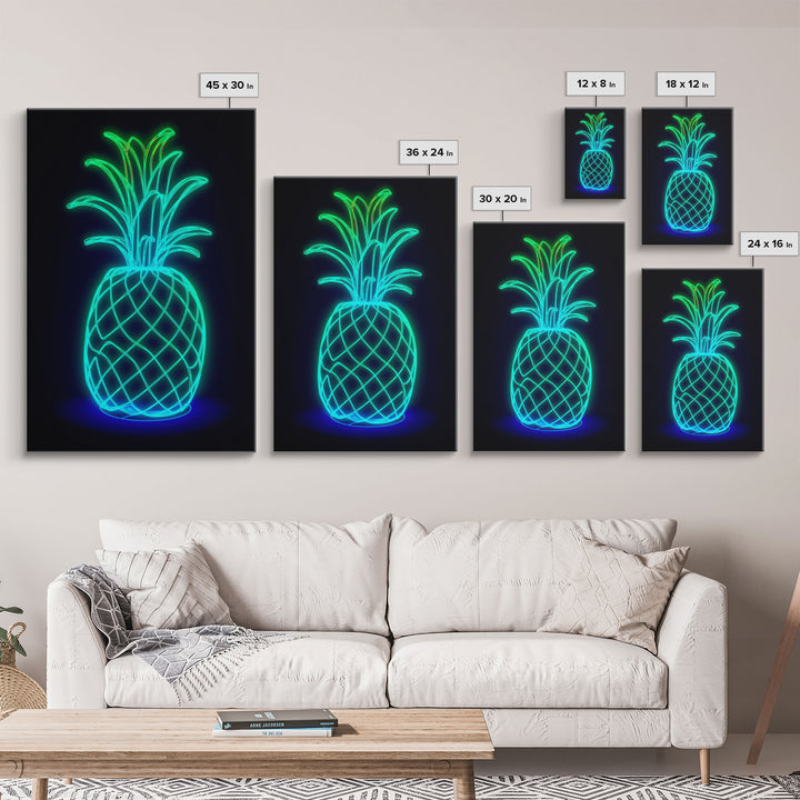 Green Neon Lights Pineapple Wall Decor, Fruit Art, Kitchen Wall Art, Minimalist Print, Wall Decor, Canvas Print, Wall Art, Framed Canvas