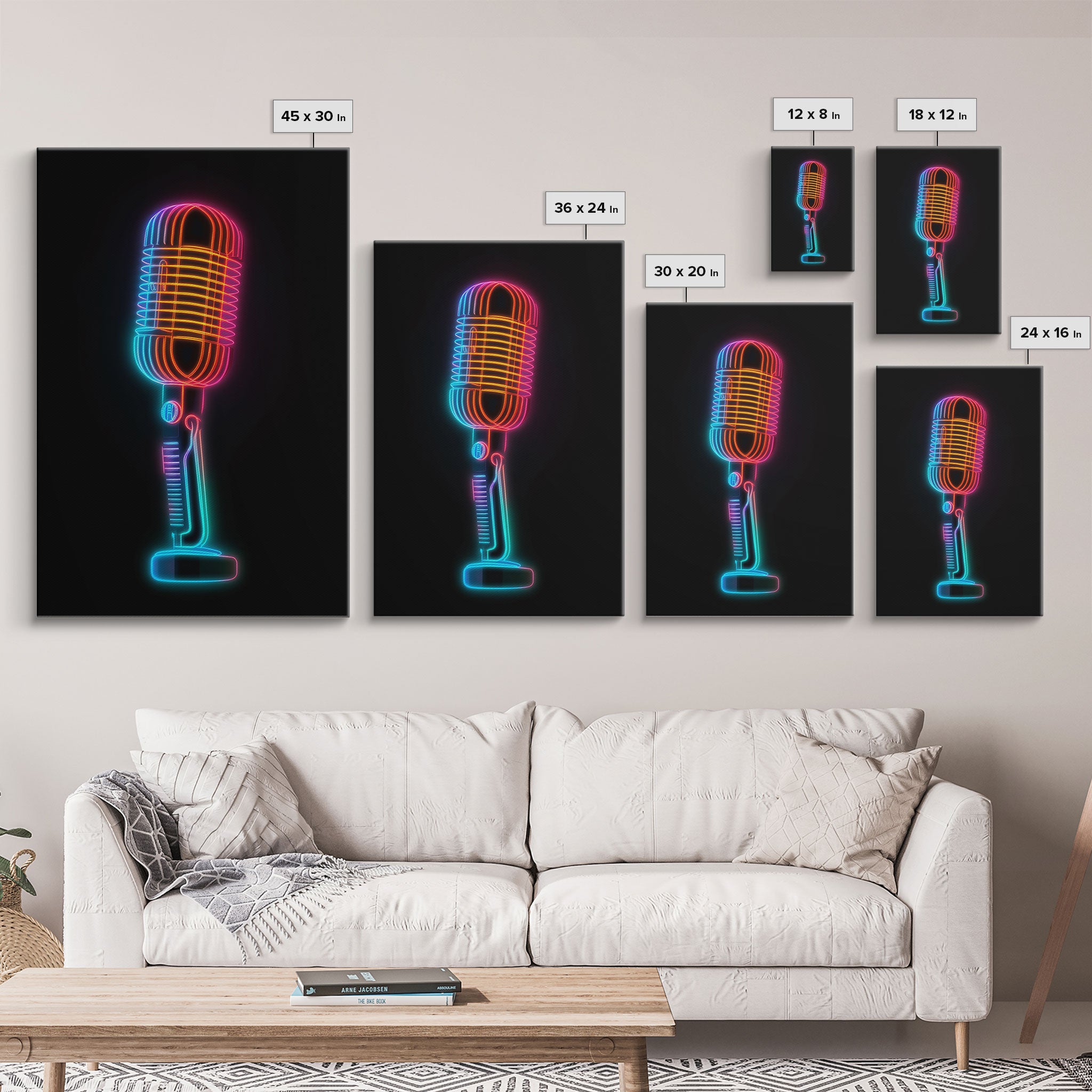 Neon Lights Retro Microphone Wall Art, Vibrant Art, Music Room Wall Art, Minimalist Print, Wall Decor, Canvas Print, Wall Art, Framed Canvas