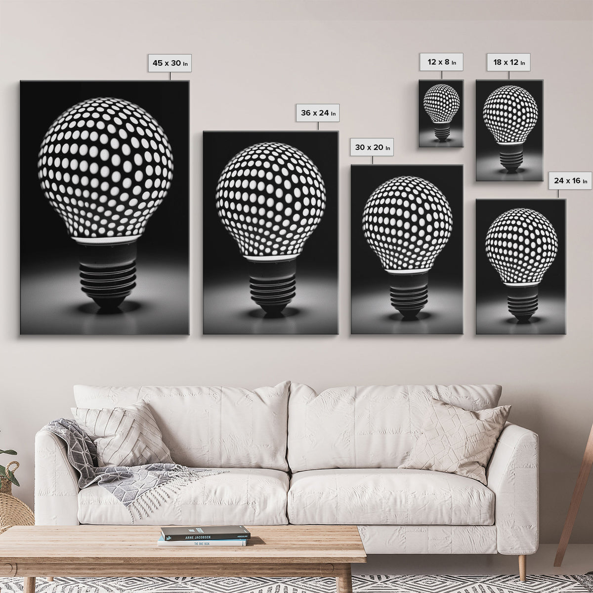Dotted Light Bulb Wall Decor, Black And White Art, Dotted Art, Minimalist Print, Wall Decor, Canvas Print, Wall Art, Framed Canvas