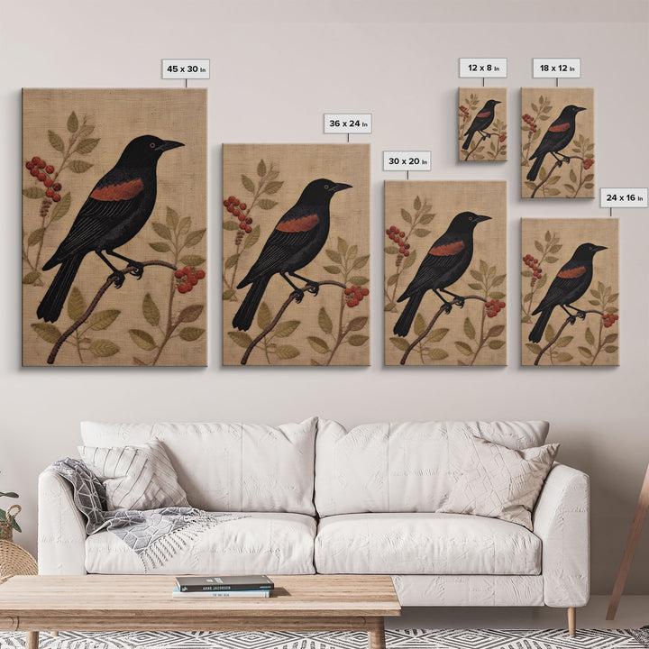 Raven Print, Antique Bird Painting Print, Vintage Drawing Framed Canvas Print Wall Art, Black Raven, bird nature print, bird lovers gift