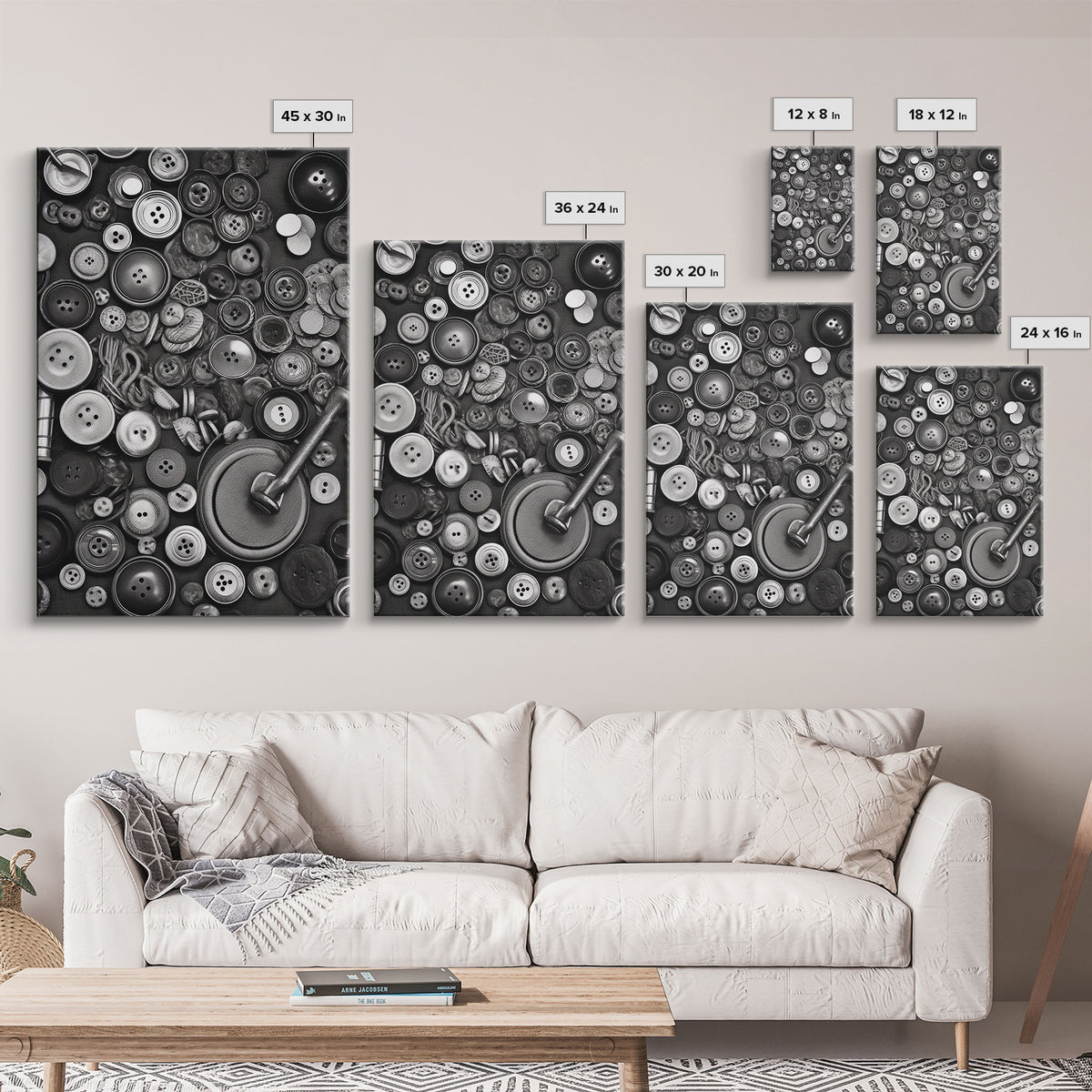 Buttons Wall Decor, Sewing Room, Craft Room, Black And White, Minimalist Print, Wall Decor, Canvas Print, Wall Art, Framed Canvas