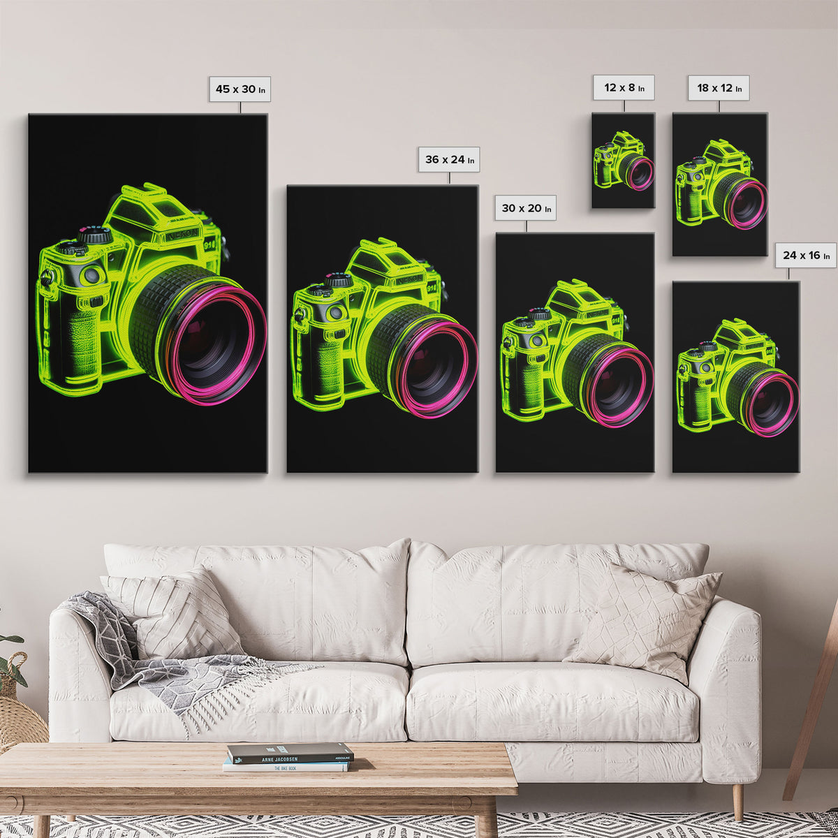 Neon Green Camera Wall Art, Neon Wall Decor, Photography Art,  Minimalist Print, Wall Decor, Canvas Print, Wall Art, Framed Canvas