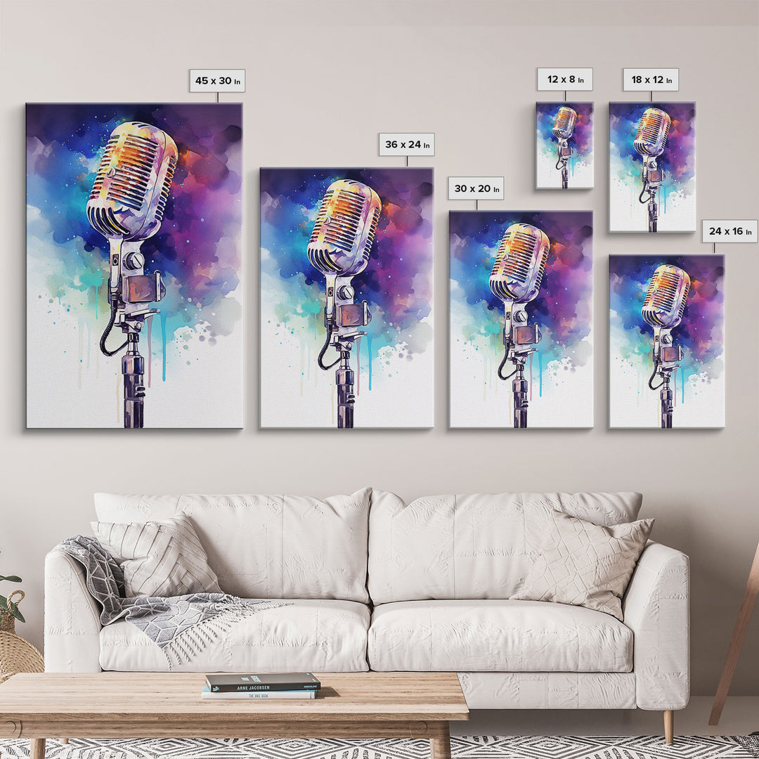Neon Graffiti Splatter Paint Microphone Art, Vintage Microphone Painting Framed Canvas Print, Studio Wall Art, Music Studio Decor