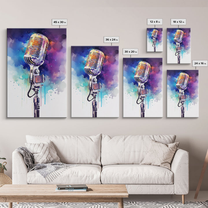 Neon Graffiti Splatter Paint Microphone Art, Vintage Microphone Painting Framed Canvas Print, Studio Wall Art, Music Studio Decor