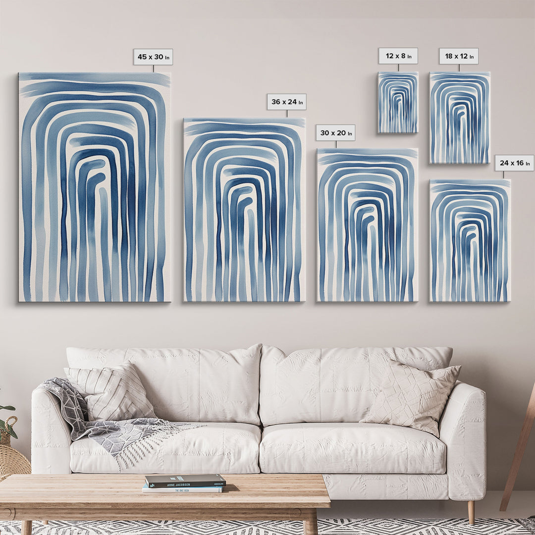 Framed Canvas Print Watercolor Blue Geometric Pastel Lines, Minimalist Abstract Room Decor, Mid-Century Modern Art Print, Retro Art