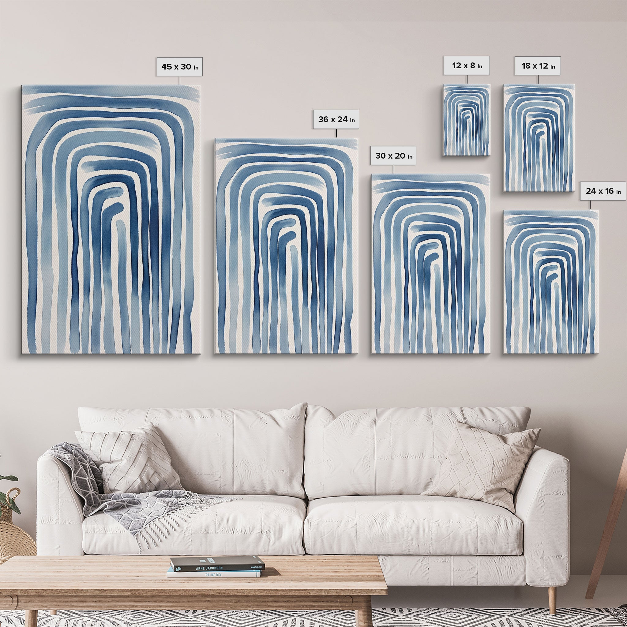 Framed Canvas Print Watercolor Blue Geometric Pastel Lines, Minimalist Abstract Room Decor, Mid-Century Modern Art Print, Retro Art
