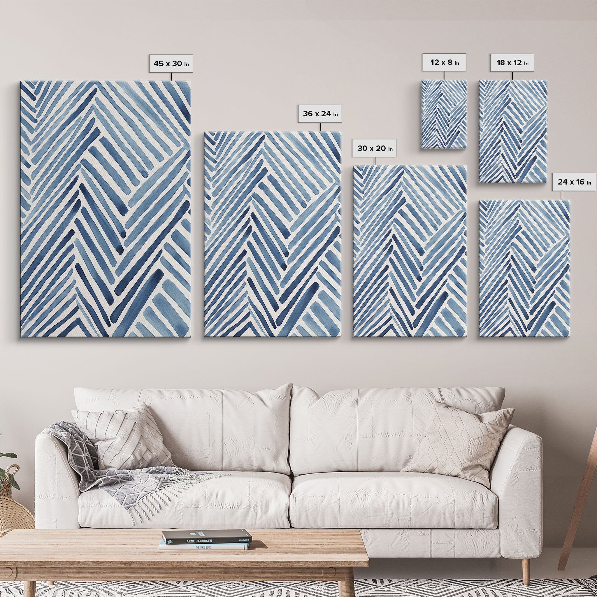 Framed Canvas Print Watercolor Blue Geometric Pastel Lines, Minimalist Abstract Room Decor, Mid-Century Modern Art Print, Retro Art