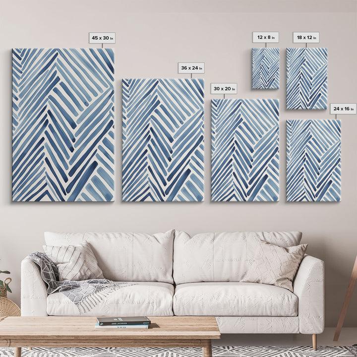 Framed Canvas Print Watercolor Blue Geometric Pastel Lines, Minimalist Abstract Room Decor, Mid-Century Modern Art Print, Retro Art