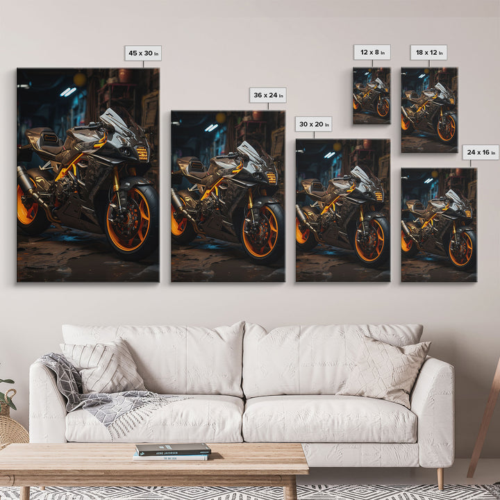 Sport Bike Wall Art, Framed Canvas Print, Futuristic Cyberpunk Motorcycle Wall Art