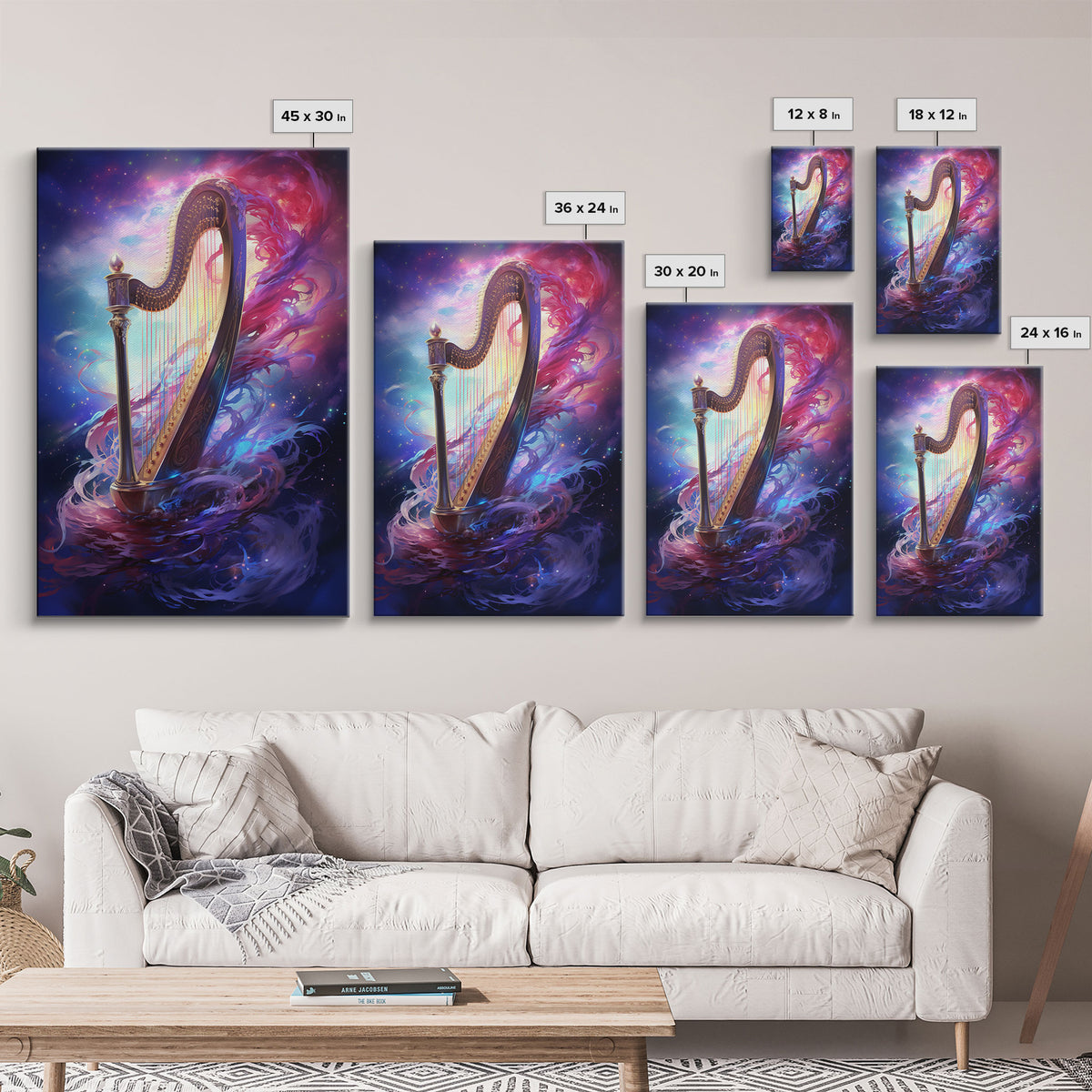 Heavenly Harp Among The Stars, Harp Art, Harp Print, Framed Canvas Art, Harp Wall Decor, Music Gift