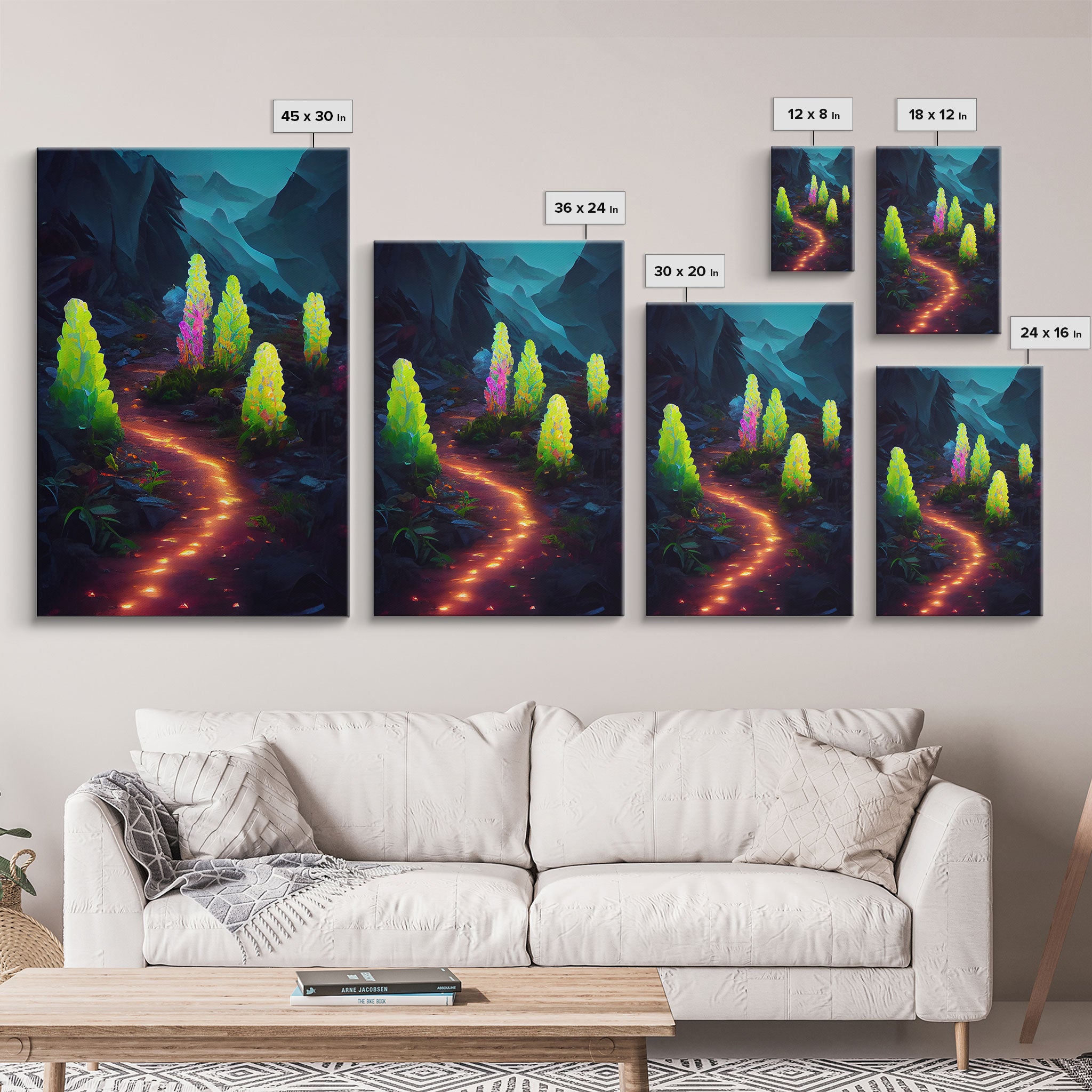 Magical forest canvas print, glowing mushroom art, fantasy forest wall art, gloomy dark home decor, luminescent forest trail wall art