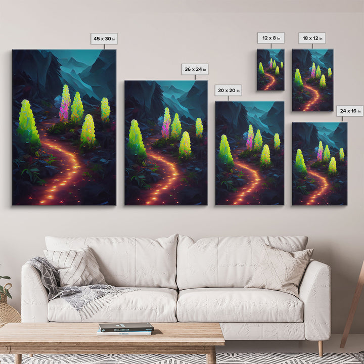 Magical forest canvas print, glowing mushroom art, fantasy forest wall art, gloomy dark home decor, luminescent forest trail wall art