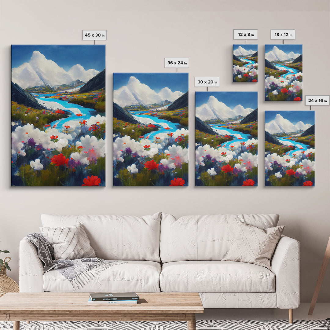 Colorful fields of flowers in the Swiss alps, framed canvas art, canvas print, beautiful wall decor