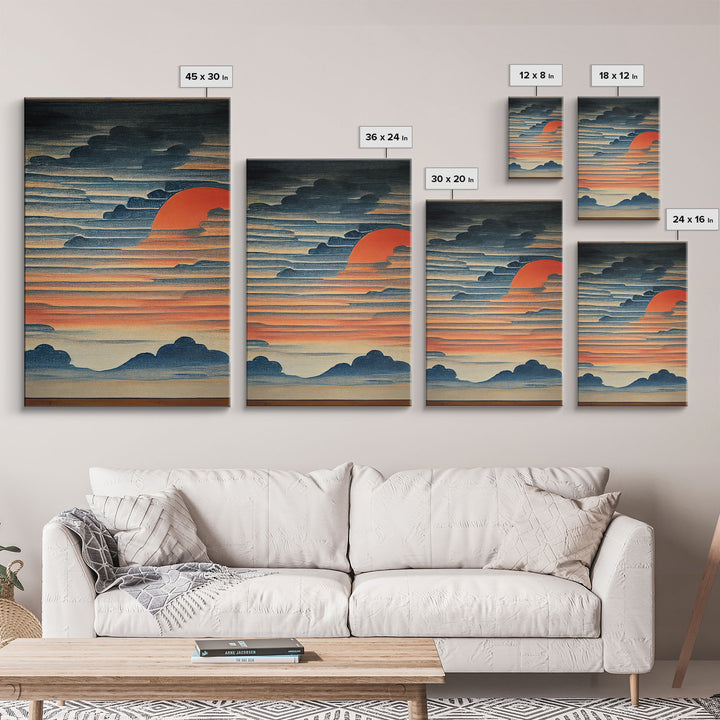 Japanese style wall art, sunrise over the mountains, canvas print, woodblock print style art, Hokusai style wall art