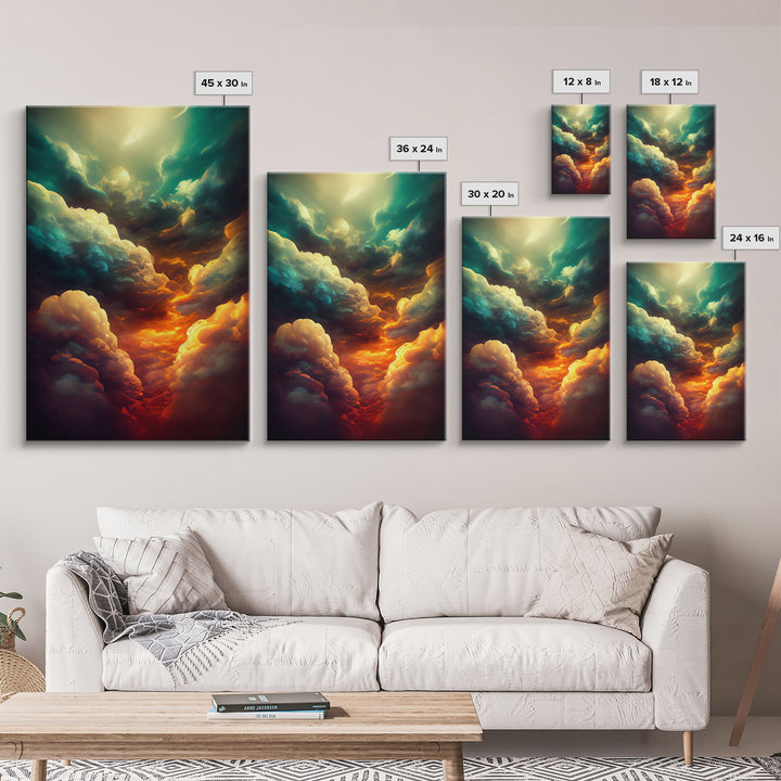 Watercolor painting canvas print of a thunder storm, gloomy wall art, golden hour, cool rain storm wall art, stormy skies